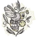 Bee carries honey embroidery design featuring a detailed bee with honeycomb and flowers in vibrant colors.