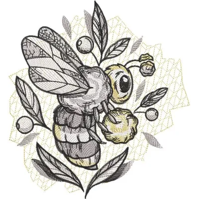 Bee carries honey embroidery design featuring a detailed bee with honeycomb and flowers in vibrant colors.