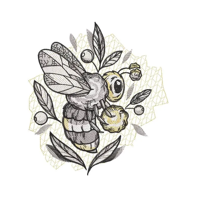 Bee carries honey embroidery design featuring a detailed bee with honeycomb and flowers in vibrant colors.