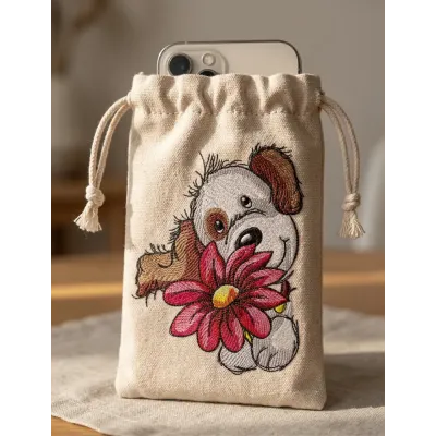 Cute Puppy Big Flower Embroidery Design - Dog Motif