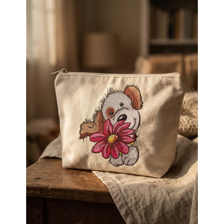 Cute Puppy with Big Flower Embroidery Design