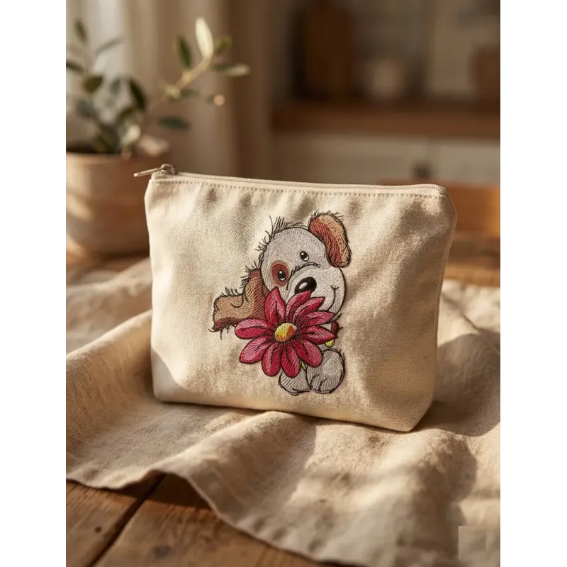 Cute Puppy Big Flower Embroidery Design - Dog Motif