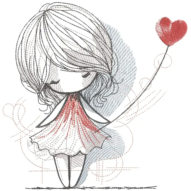 Girl and a heart balloon free embroidery design