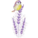 A detailed embroidery design featuring a bird perched on a vibrant purple flower.
