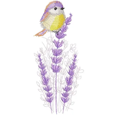 A detailed embroidery design featuring a bird perched on a vibrant purple flower.