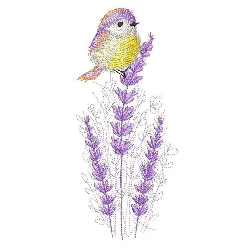 A detailed embroidery design featuring a bird perched on a vibrant purple flower.