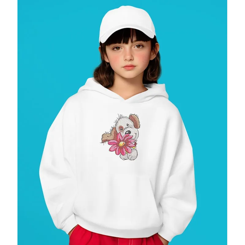 Cute Puppy Big Flower Embroidery Design - Dog Motif