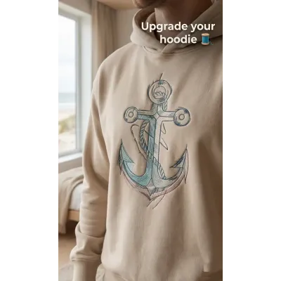 Closeup of the Anchor Sketch Tattered embroidery design, showcasing intricate stitching details for nautical projects.