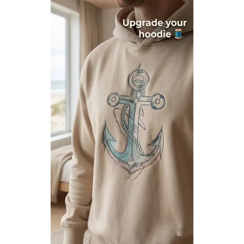 Closeup of the Anchor Sketch Tattered embroidery design, showcasing intricate stitching details for nautical projects.