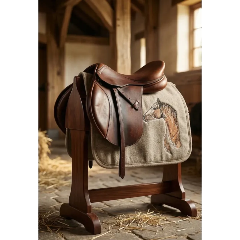 Closeup of a brown horse sketch embroidery design, showcasing intricate stitching details for creative projects.