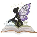Intricate embroidery design of a fairy from the magic book, showcasing delicate wings and enchanting details.