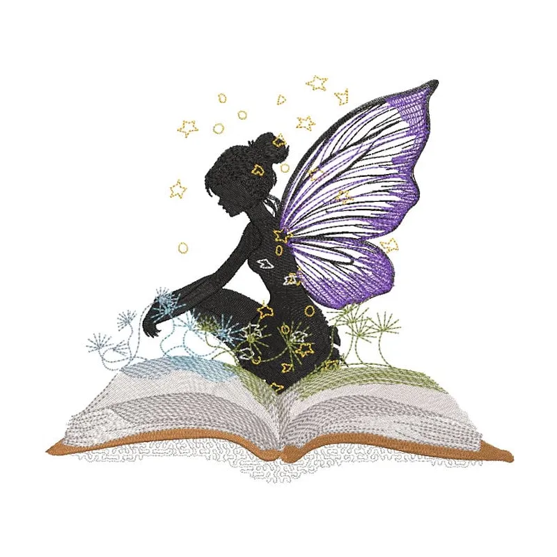 Intricate embroidery design of a fairy from the magic book, showcasing delicate wings and enchanting details.