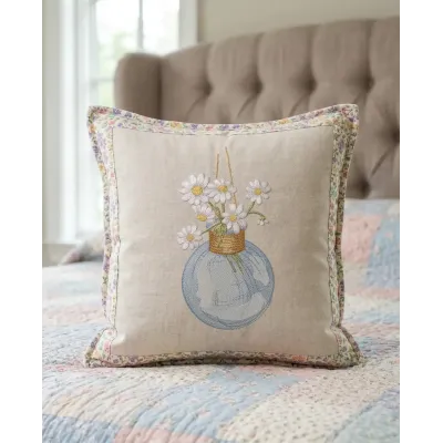 Closeup of the Daisies in a Glass Hanging Vase embroidery design, showcasing vibrant summer flowers.