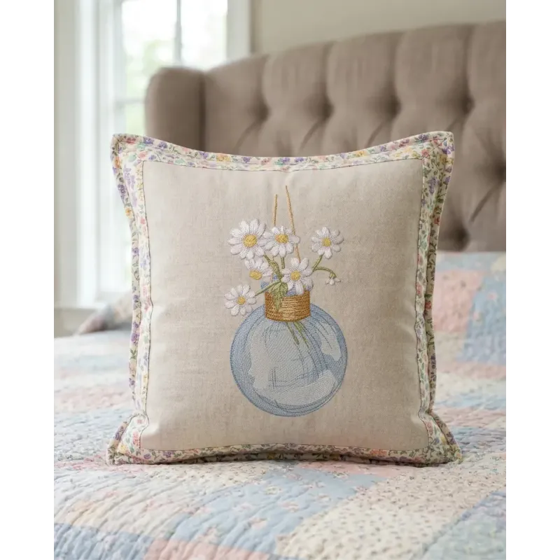 Closeup of the Daisies in a Glass Hanging Vase embroidery design, showcasing vibrant summer flowers.