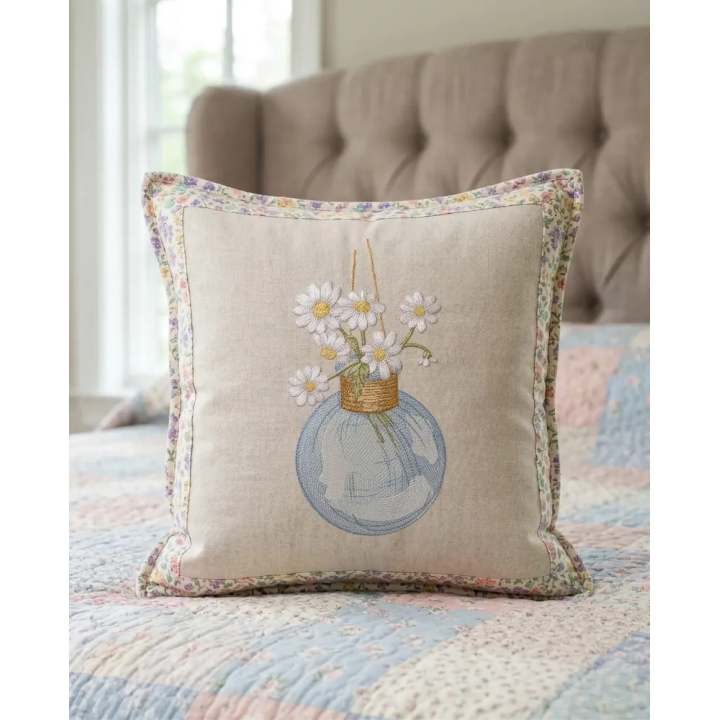 Daisies in Glass Hanging Vase Embroidery Design