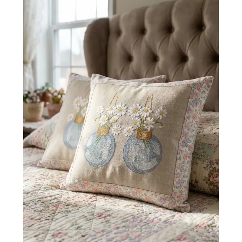 Closeup of the Daisies in a glass hanging vase embroidery design, showcasing intricate floral details for summer projects.