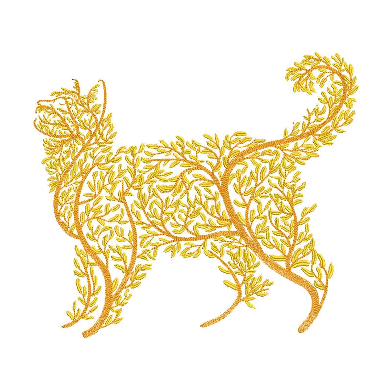 Cat in golden leaves embroidery design featuring a playful feline surrounded by vibrant autumn foliage.