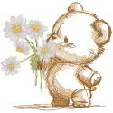 A sketch embroidery design featuring a teddy bear surrounded by daisies, showcasing intricate detailing and charm.