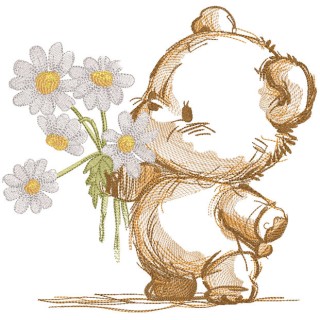 Bear with daisies sketch embroidery design - Embroidery Design