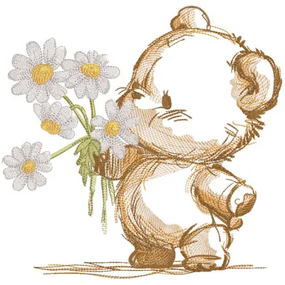 A sketch embroidery design featuring a teddy bear surrounded by daisies, showcasing intricate detailing and charm.