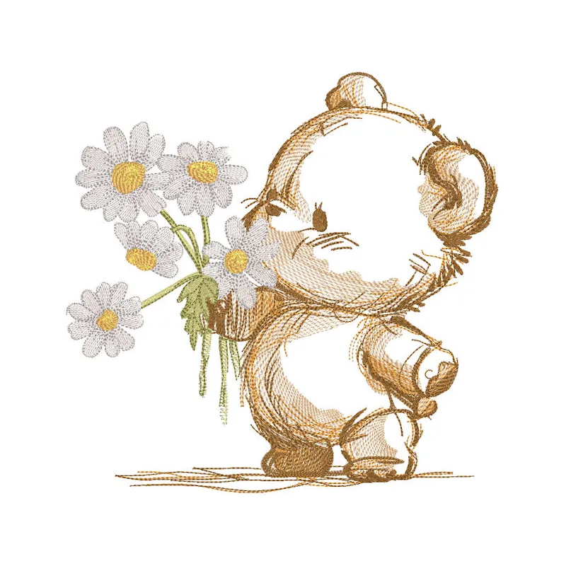 A sketch embroidery design featuring a teddy bear surrounded by daisies, showcasing intricate detailing and charm.