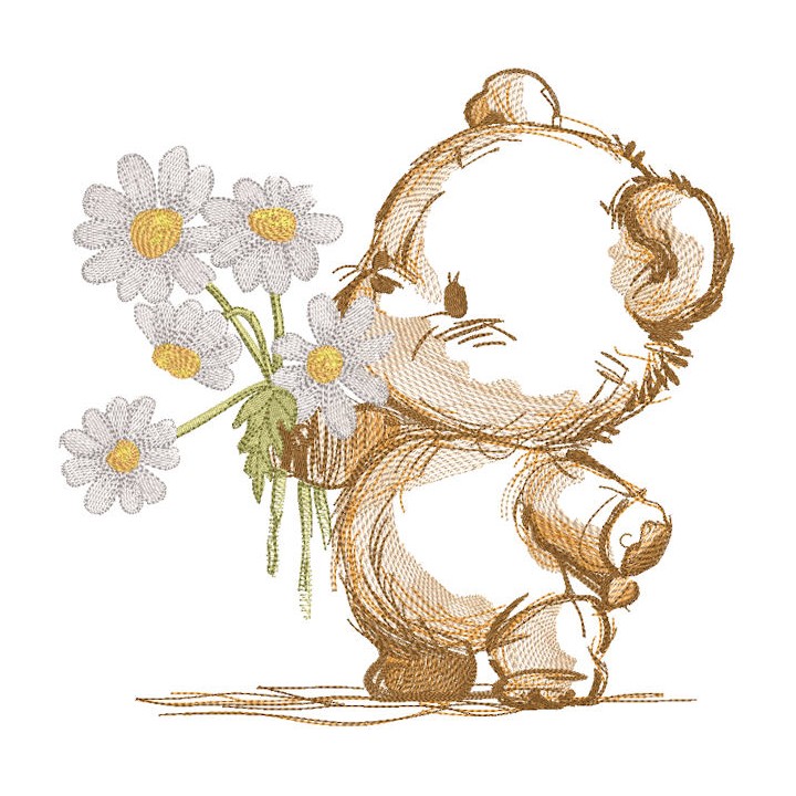 Bear with daisies sketch embroidery design - Embroidery Design