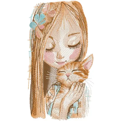 Embroidery design featuring a girl with a ginger cat, perfect for baby clothing and accessories.