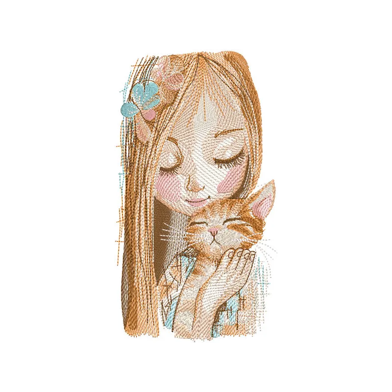Embroidery design featuring a girl with a ginger cat, perfect for baby clothing and accessories.