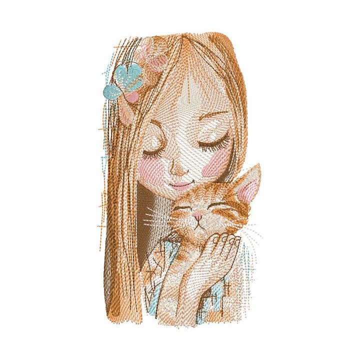 Girl and ginger cat embroidery design - Embroidery Design