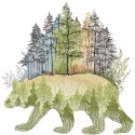 Embroidery design featuring a walking bear in a vibrant autumn forest, showcasing woodland animals theme.