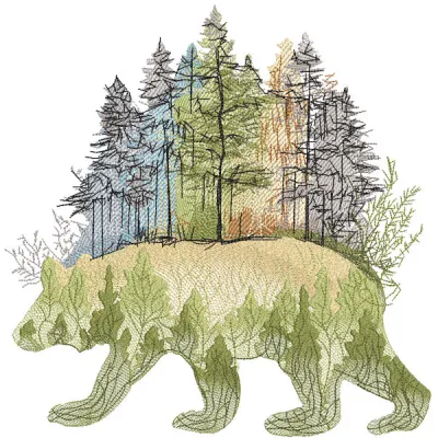 Embroidery design featuring a walking bear in a vibrant autumn forest, showcasing woodland animals theme.