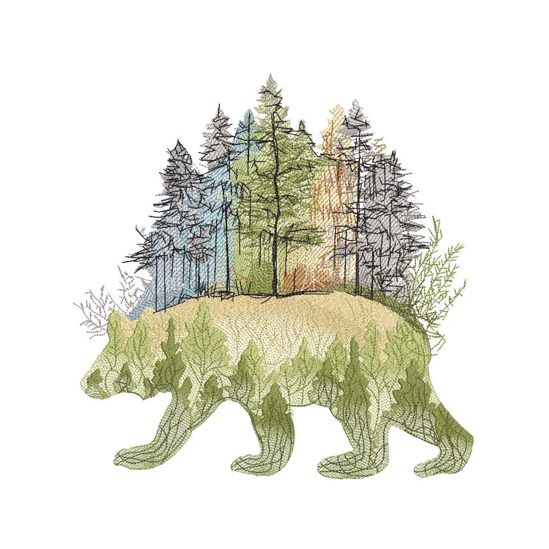 Embroidery design featuring a walking bear in a vibrant autumn forest, showcasing woodland animals theme.