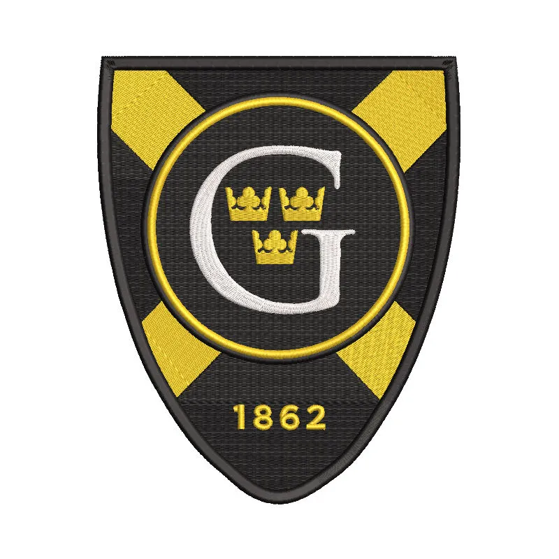 Gustavus Adolphus College shield logo embroidery design featuring the college's emblem in vibrant colors.