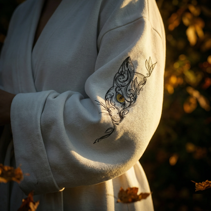 Oriental Swirl Cat Embroidery Design for Quirky Projects