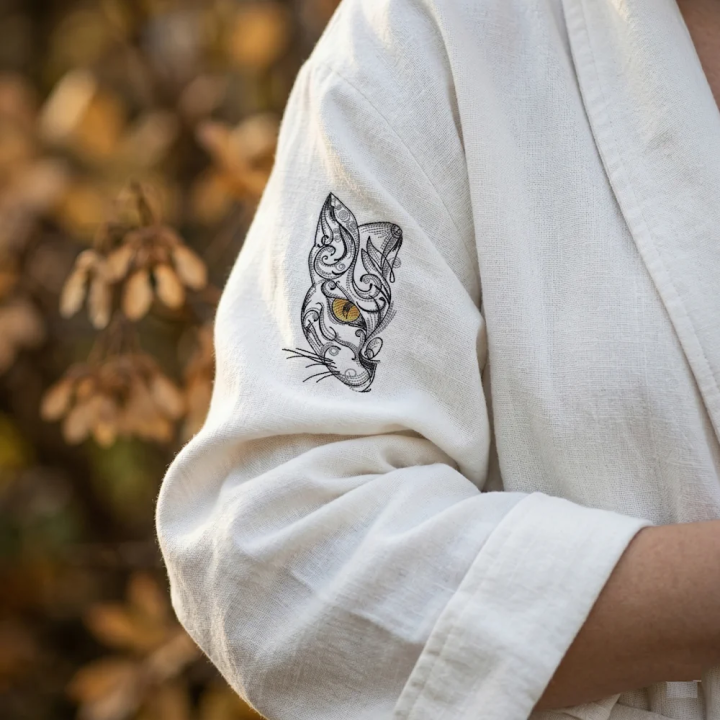 Oriental Swirl Cat Embroidery Design for Quirky Projects