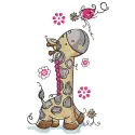 Embroidery design featuring a giraffe watching a bird carrying a branch, perfect for various fabric projects