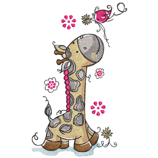 Embroidery design featuring a giraffe watching a bird carrying a branch, perfect for various fabric projects