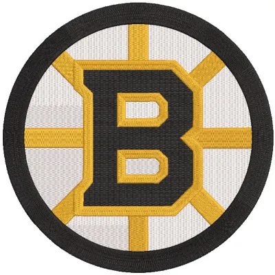Boston Bruins Spoked-B logo embroidery design featuring the iconic black and gold colors on a textured fabric.