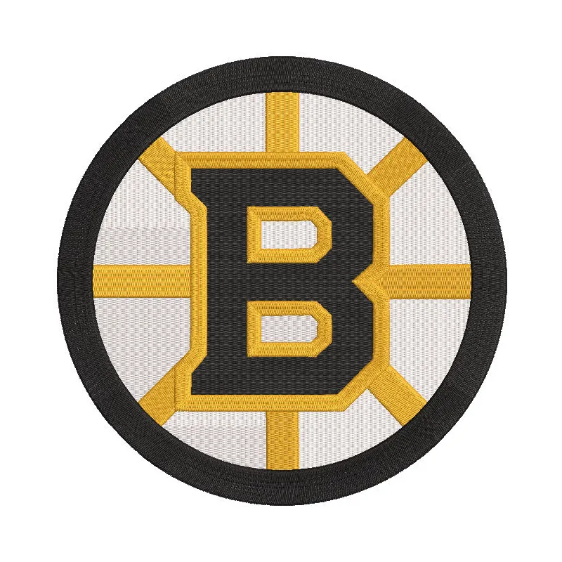 Boston Bruins Spoked-B logo embroidery design featuring the iconic black and gold colors on a textured fabric.