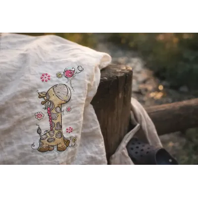 Whimsical Giraffe Looks at Bird Embroidery Design