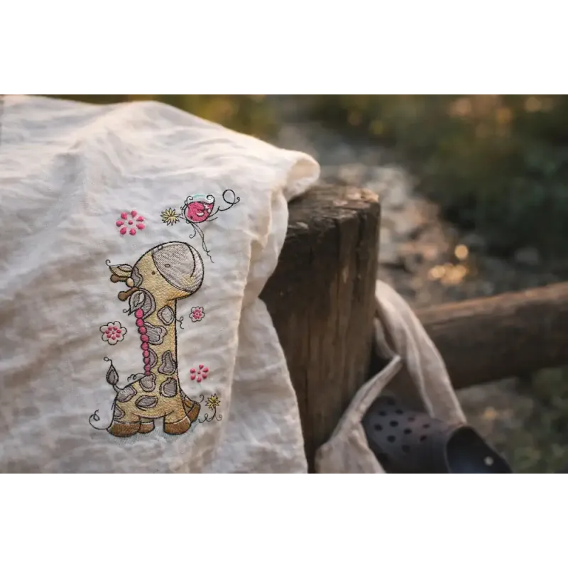 Whimsical Giraffe Looks at Bird Embroidery Design