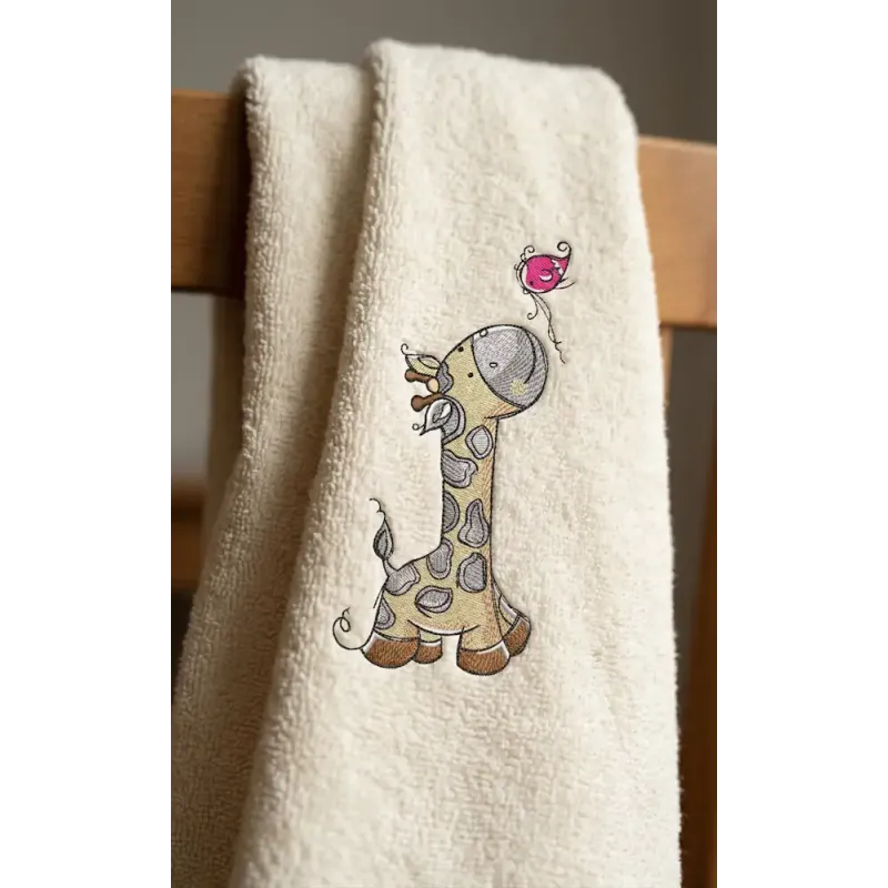 Whimsical Giraffe Looks at Bird Embroidery Design