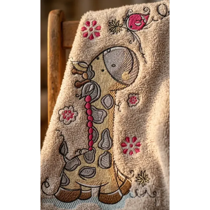 Whimsical Giraffe Looks at Bird Embroidery Design