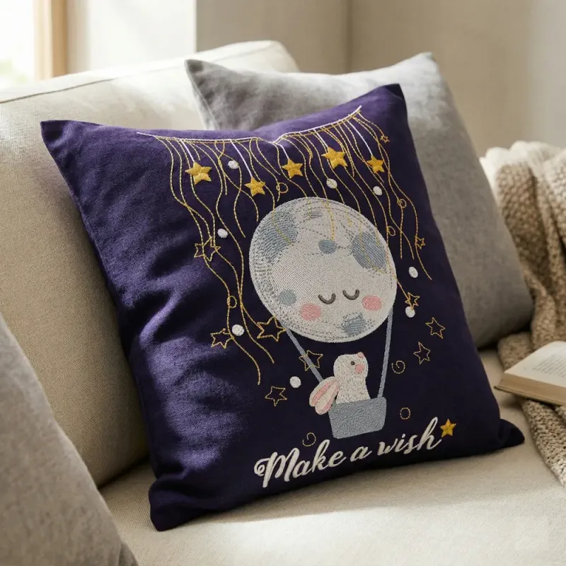 Embroidery design of a bunny in a hot air balloon soaring through a night sky, perfect for baby projects.