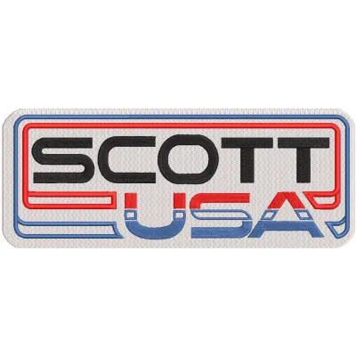 Scott USA embroidery design showcasing intricate stitching on a fabric patch for automotive and motorcycle enthusiasts.