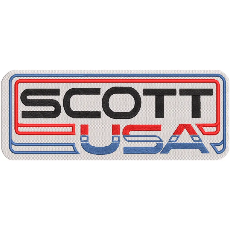 Scott USA embroidery design showcasing intricate stitching on a fabric patch for automotive and motorcycle enthusiasts.