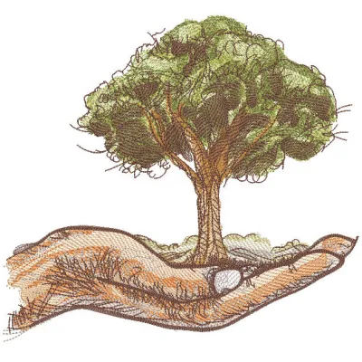 Close-up of a tree on the palm embroidery design, showcasing intricate stitching and vibrant summer colors.