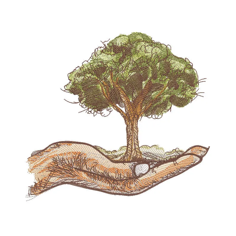 Close-up of a tree on the palm embroidery design, showcasing intricate stitching and vibrant summer colors.