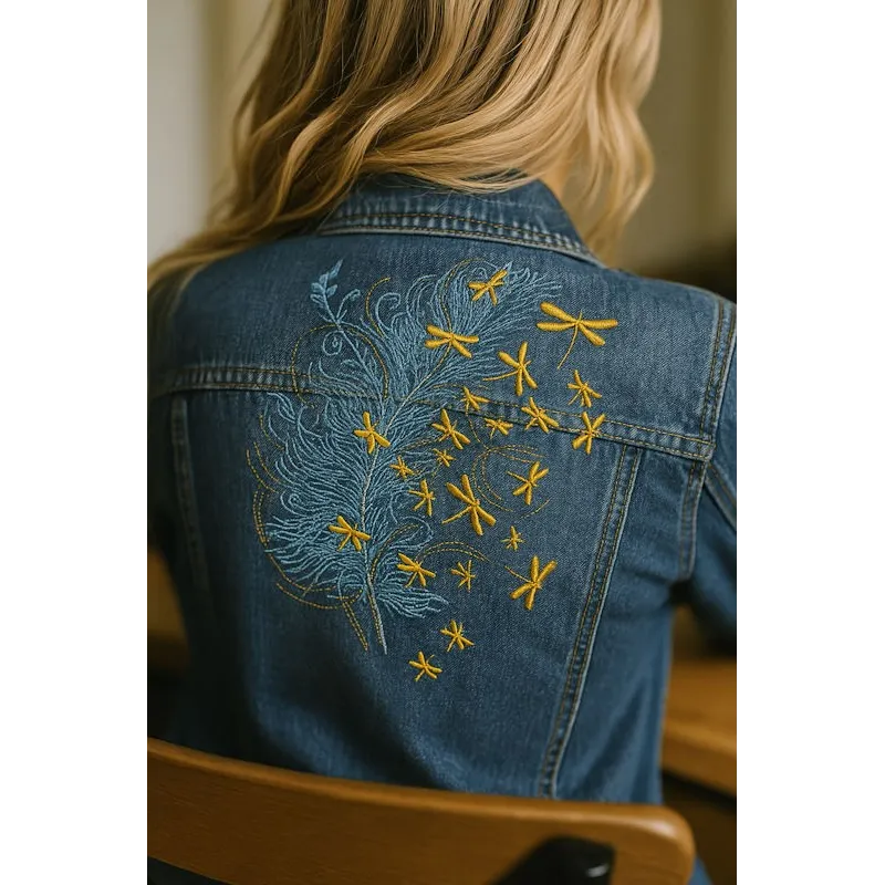 Feather and Gold Dragonflies Embroidery Design