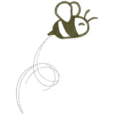 Flying bee embroidery design featuring intricate stitch details and vibrant colors on a fabric background.